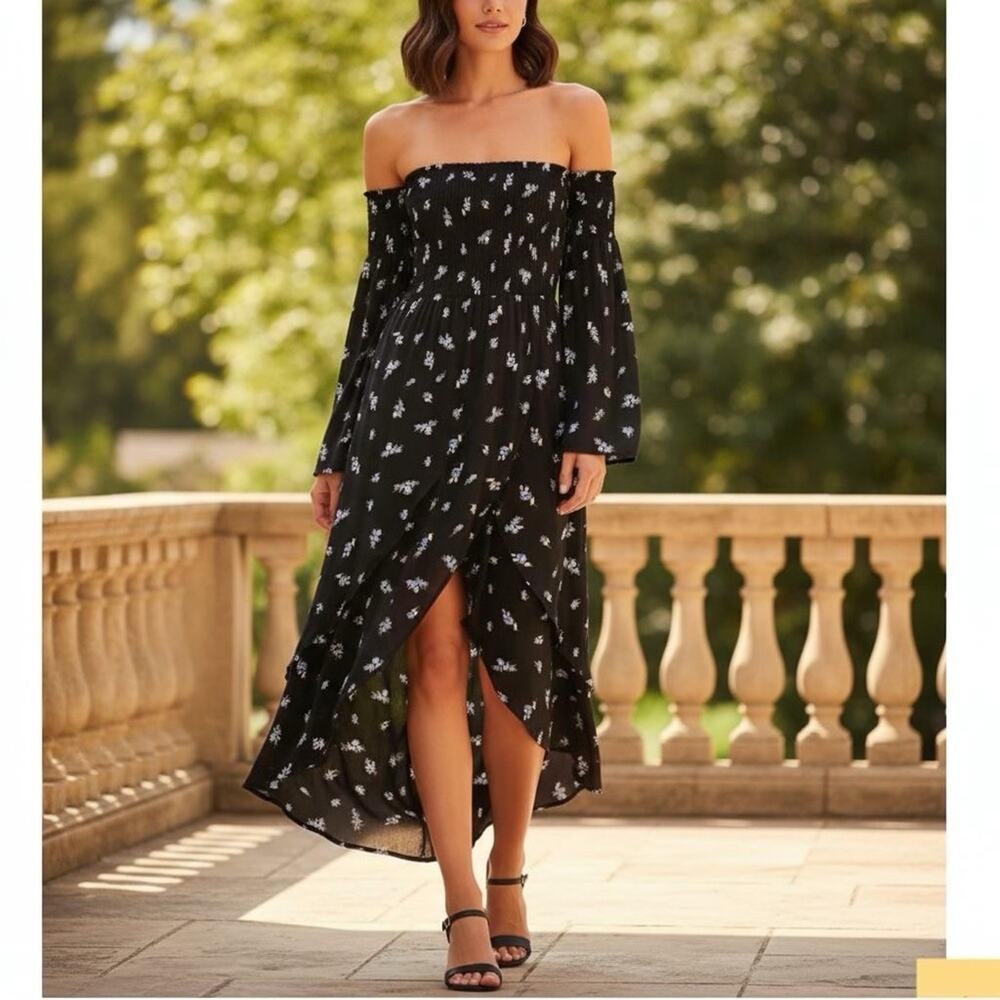 LUCY LOVE by LULUS Black Floral Vineyard Off Shoulder Dress Tulip Hem Romantic